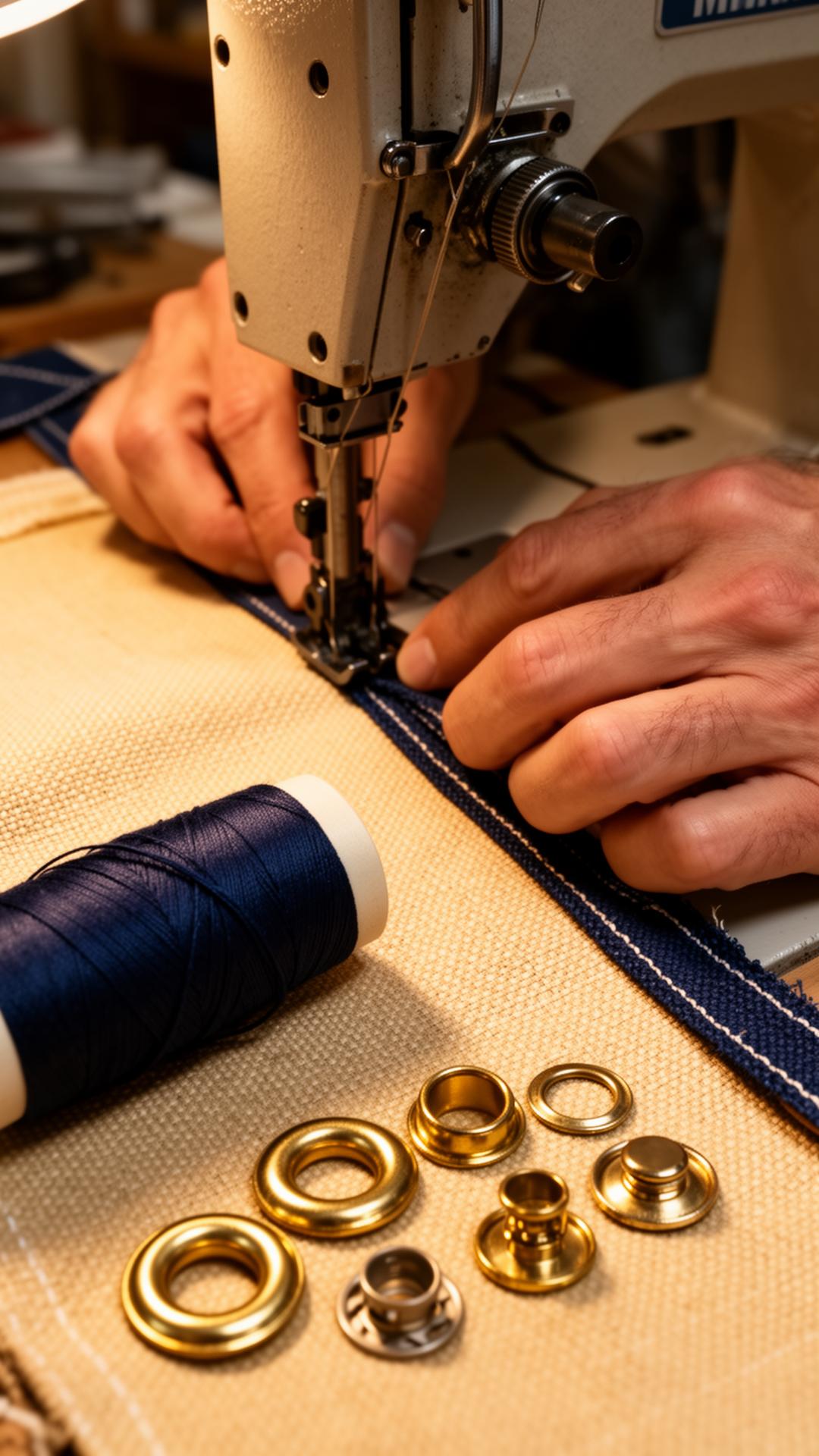 Skilled hands stitching marine canvas with navy thread and brass hardware